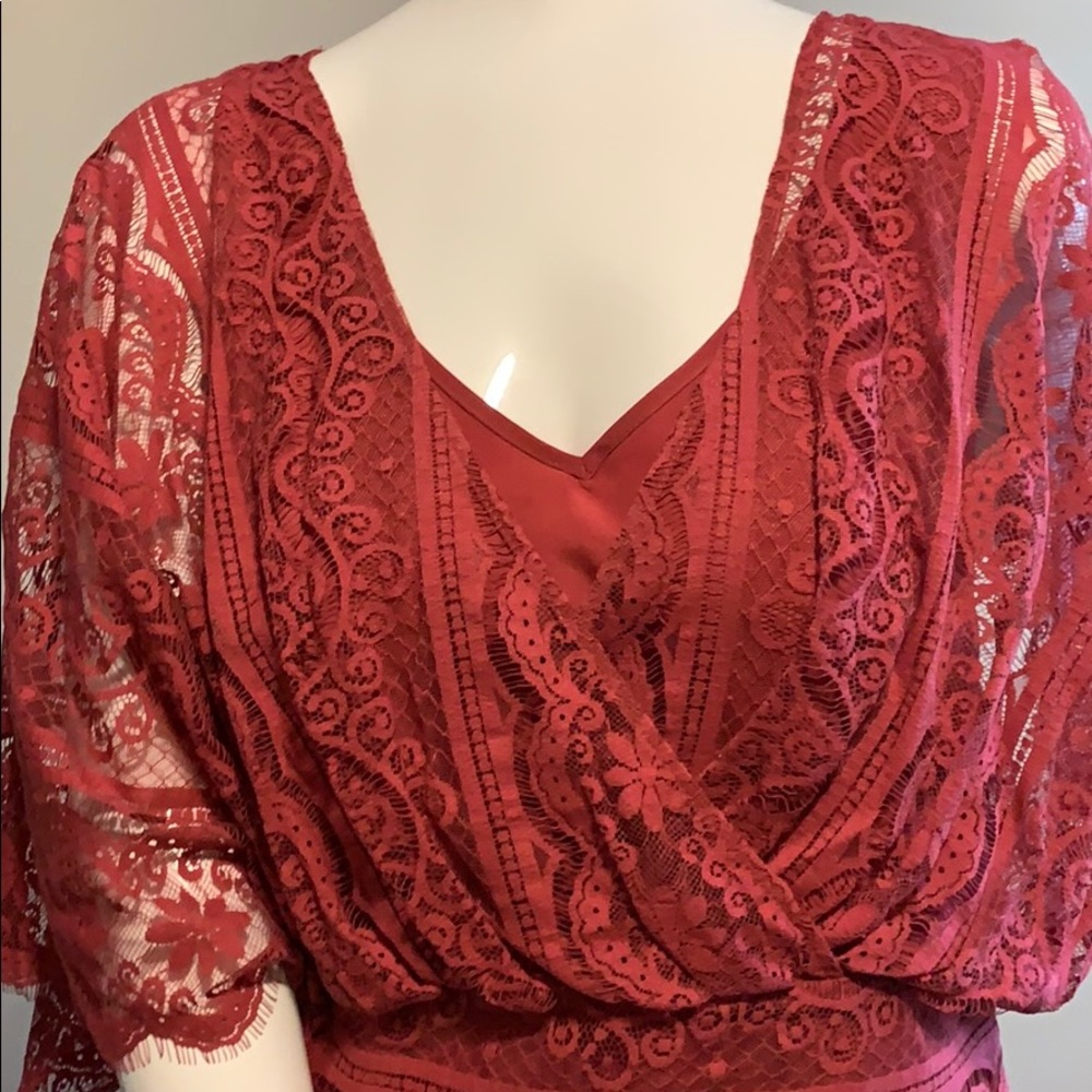 Beyond Vintage Mixed Floral & Geometric Lace Faux Wrap Fully Lined Cap Sleeve  S - Picture 4 of 16